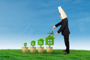 Businessman with cardboard head using scissors to cut the leaves of tree house