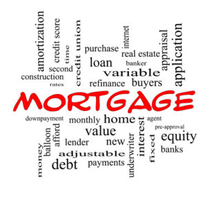 Mortgage Word Cloud Concept in red caps with great terms such as loan, home, banker and more.